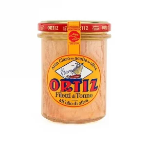 Tarro de cristal con lomos de atún claro Ortiz en aceite de oliva, peso neto 220g, producto de España.