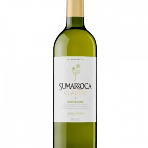 Botella de vino blanco Blanc de Blancs Clàssic Sumarroca con etiquetas blancas.