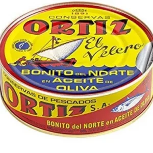 Lata de Bonito del Norte Ortiz en aceite de oliva, lomos de atún blanco de alta calidad de 63g.